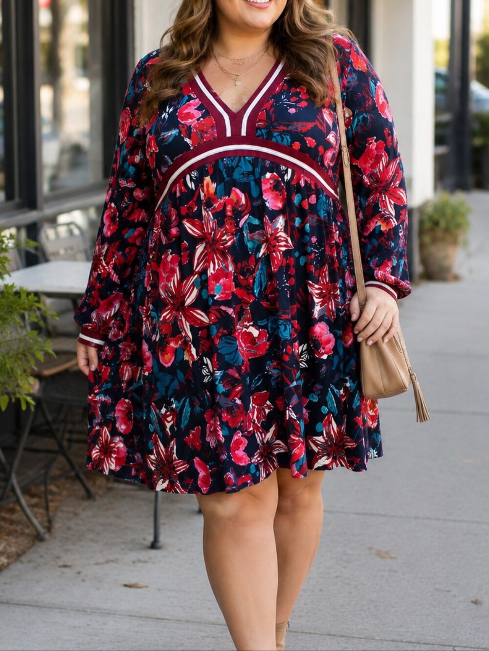 Floral V-Neck Long Sleeve Swing Dress in Navy and Red XXXL